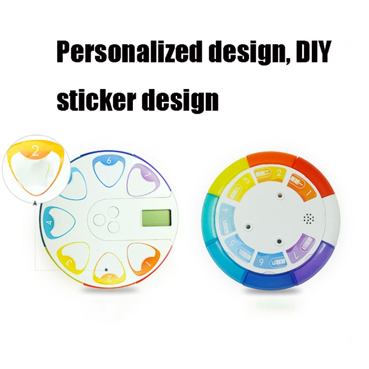 Pill box timer with DIY sticker face, colorful heart-pattern front inserts