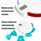 Close-up pill reminder box with LCD screen and red and teal translucent side segments