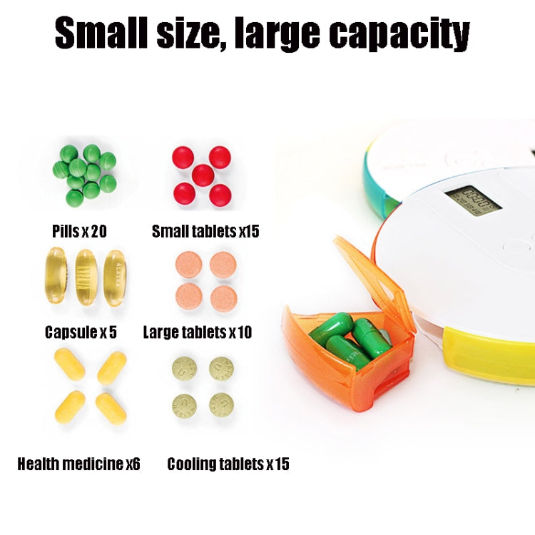 Compact pill storage box with rainbow sections and illustrated tablet capacity slots