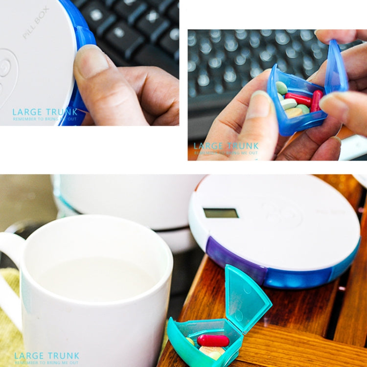 Opened pill box with blue lid showing colorful pill compartments and white outer case