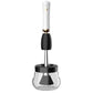 Electric makeup brush cleaner with white handle, black head, and clear cup base