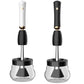 Electric makeup brush cleaner showing white and black handle versions with clear cups