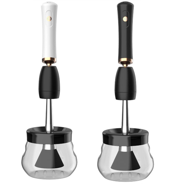 Electric makeup brush cleaner showing white and black handle versions with clear cups