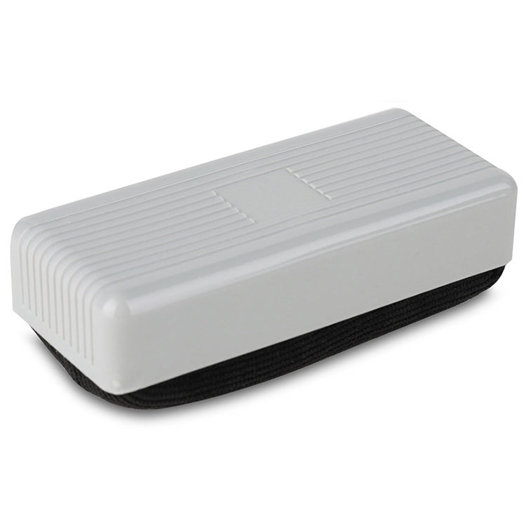 Rectangular whiteboard eraser with black edge and white ribbed plastic body