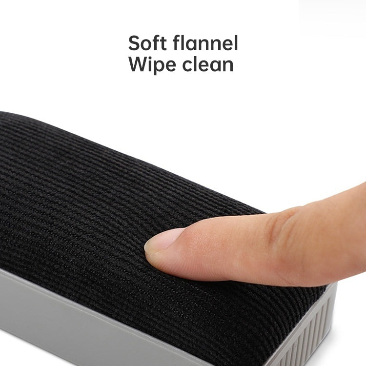 Whiteboard eraser with black felt pad held in a hand