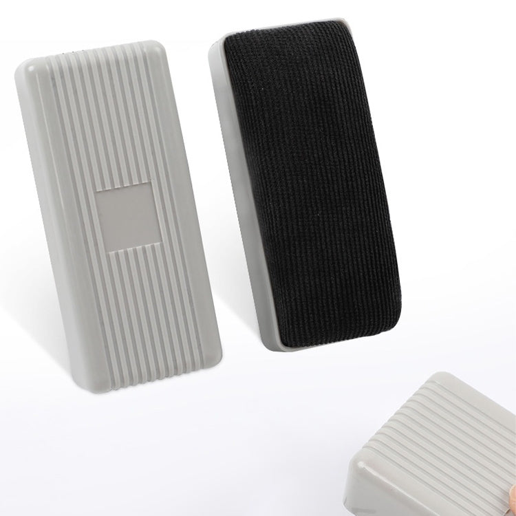 Pair of whiteboard erasers with ribbed frames, one black pad and one light pad