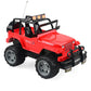 Red 1:18 remote control SUV toy with black roll cage, roof lights, and off-road tires
