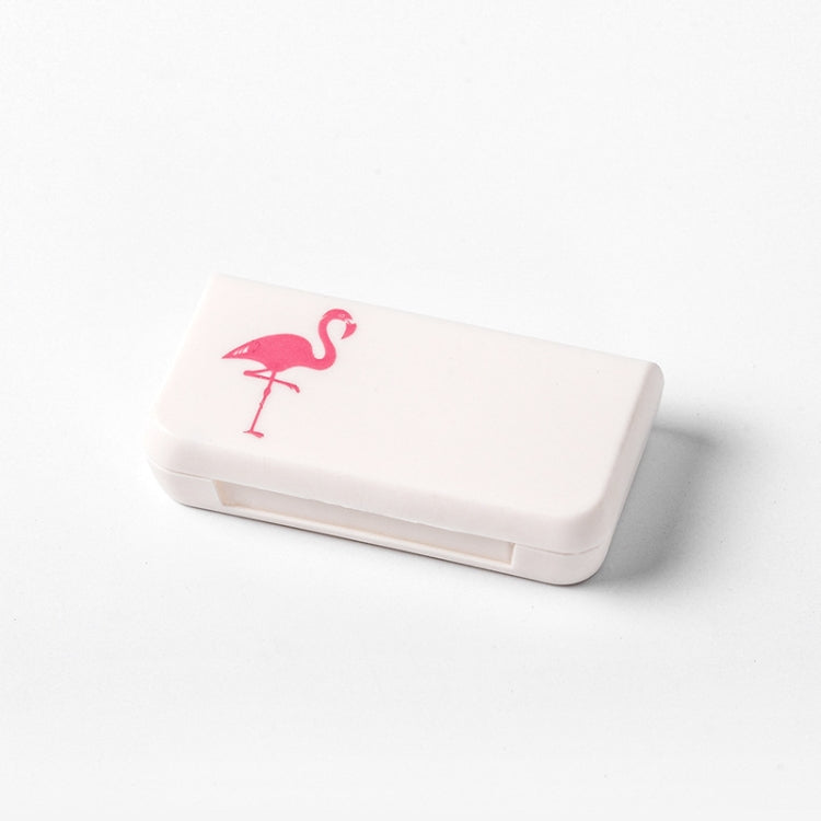 White portable medicine box with 3 compartments and pink flamingo graphic on lid