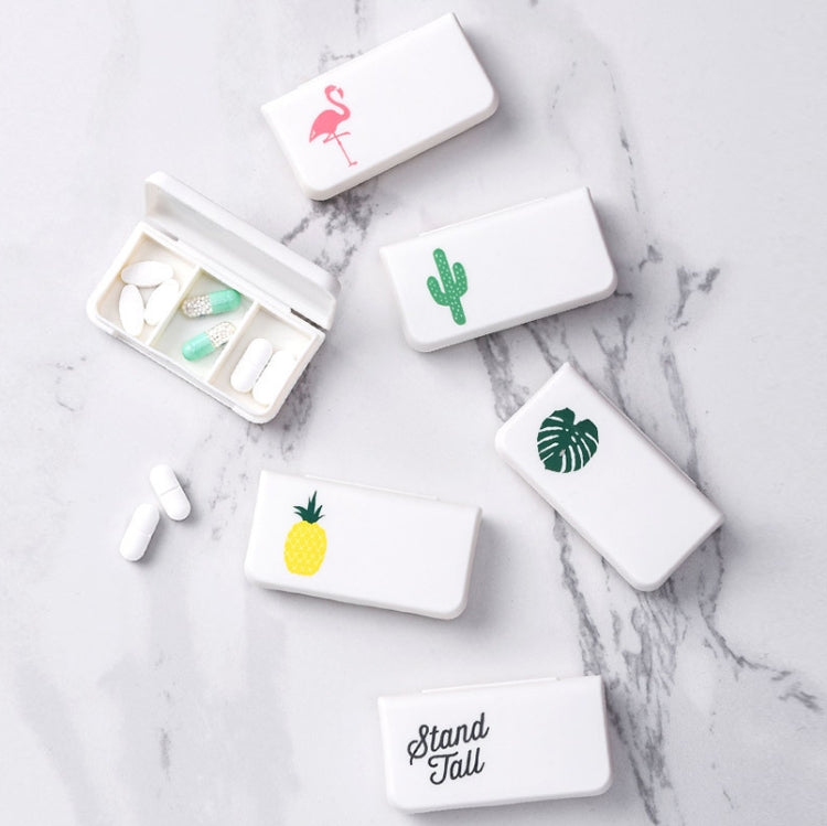 Set of white portable medicine boxes with flamingo, cactus, leaf, pineapple, and “Stand Tall” lids