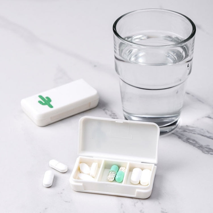 White 3-compartment portable medicine box with sealed lid, cactus icon, open.