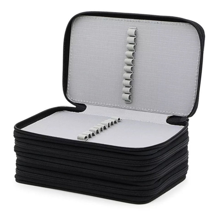 Light gray four-layer pencil case opened with elastic slots and zip compartments