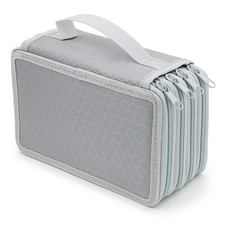Gray four-layer square pencil case with textured fabric and top handle