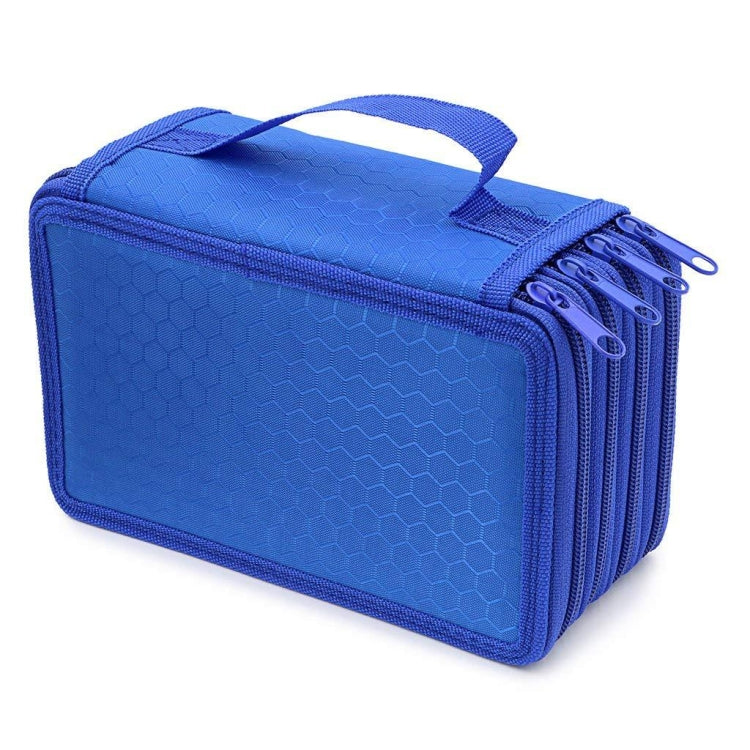Blue four-layer square pencil case with textured exterior and multiple zippers