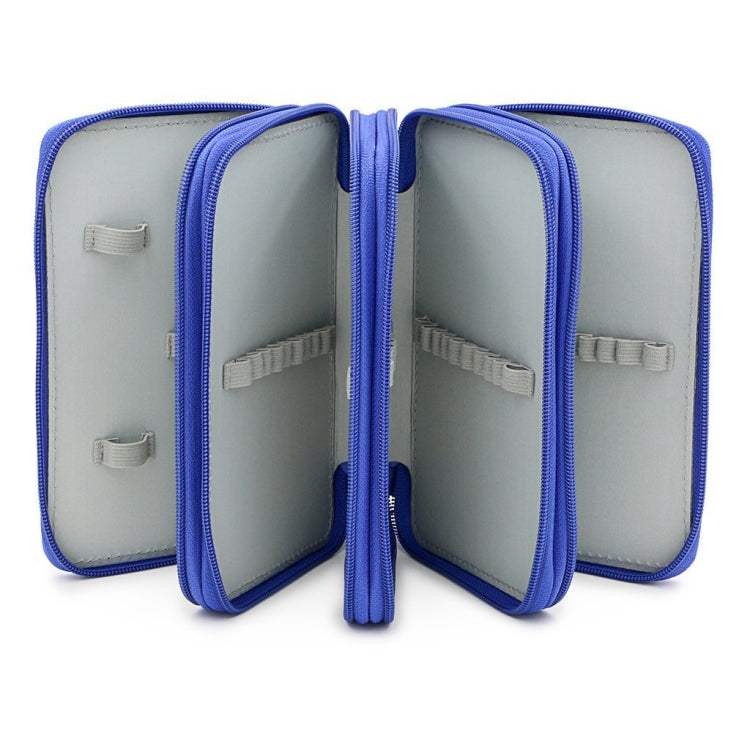 Blue four-layer pencil case opened to show three inner compartments with elastic straps