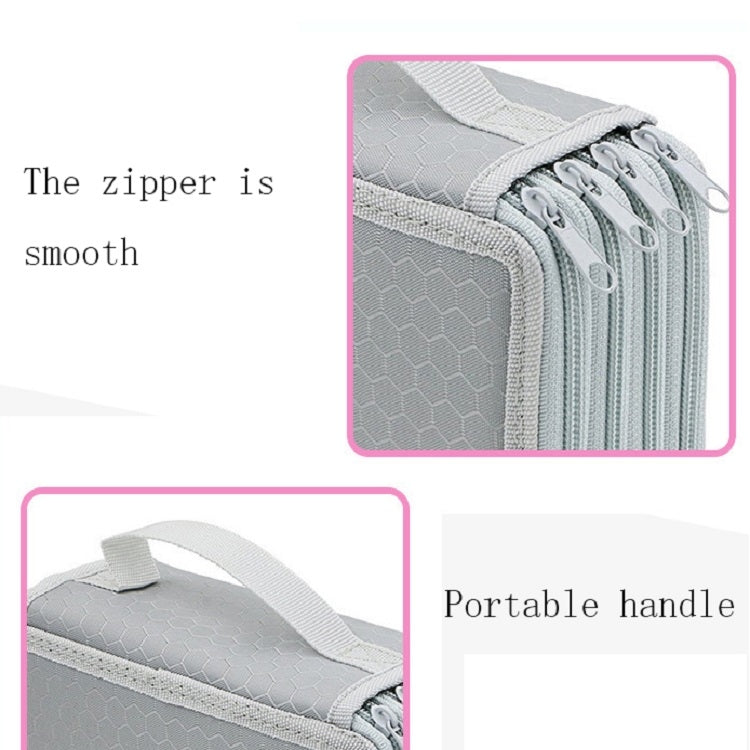 Gray four-layer pencil case with smooth zipper and portable top handle close-up