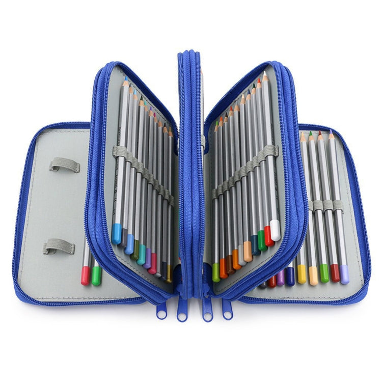 Blue four-layer pencil case, open with colored pencils in multi-slot rows