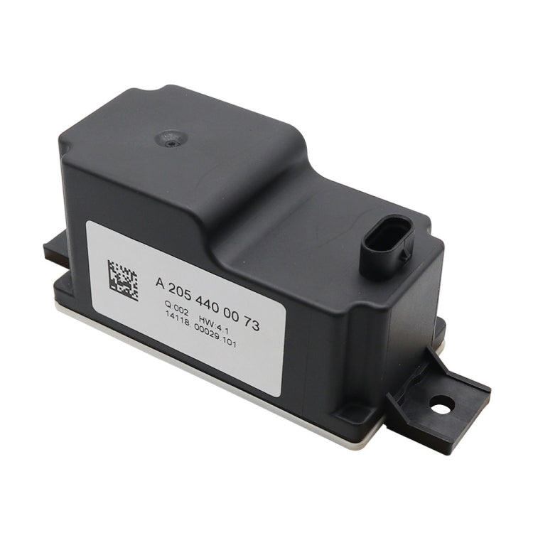 Black car voltage converter controller module with wiring connector, label, and mounting tab