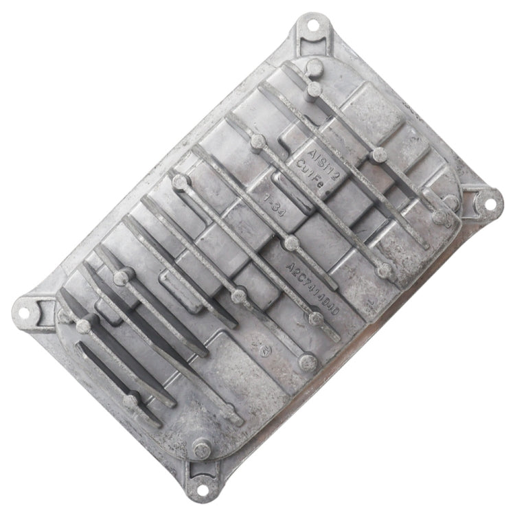 Metal LED driver module underside with molded labels and mounting holes