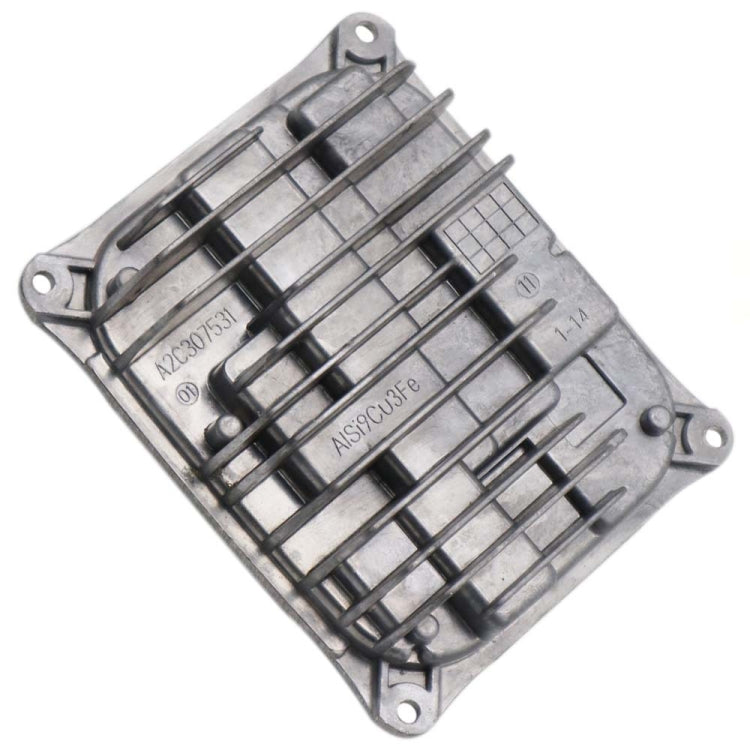 LED ballast control module vented grille housing with stamped part markings