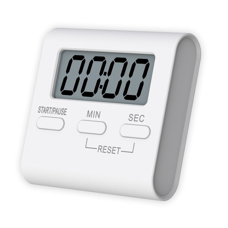 White digital kitchen timer with LED countdown display and start/pause, min, sec buttons