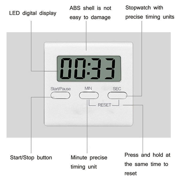 Digital kitchen timer with ABS-style body, LED display, and start/pause, min, sec buttons