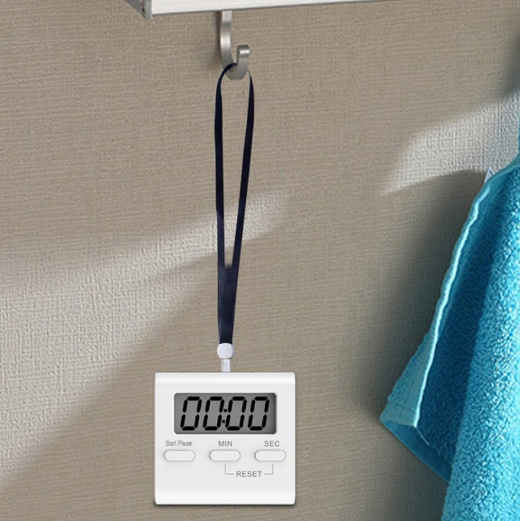 Hanging white digital timer with LED countdown display and start/pause, min, sec buttons