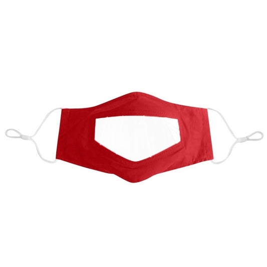 Red face shield mask with clear mouth window and white ear loops