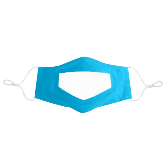 Lake blue face shield mask with clear mouth window and white ear loops