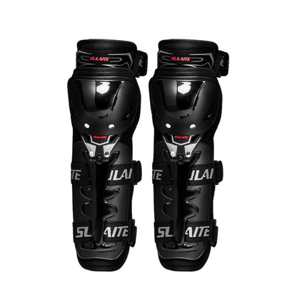 Motorcycle knee pads, black hard shell with adjustable straps and protective cups