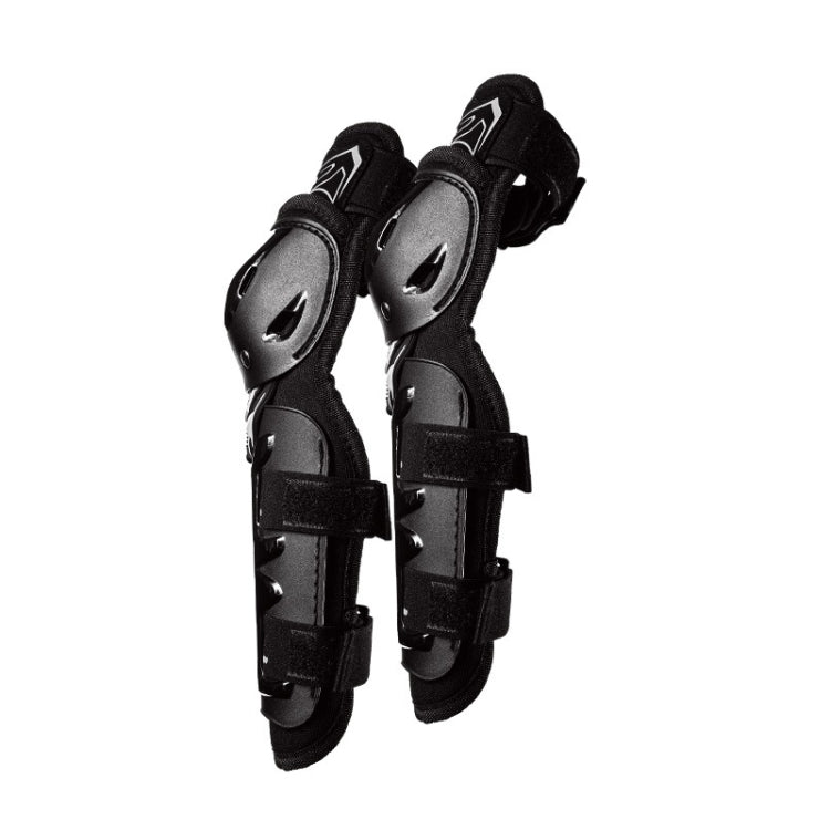 Motorcycle knee pads pair, black hinged protective shells with side straps