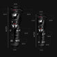 Motorcycle knee pad pair with size diagram and measurement lines, black protective shells