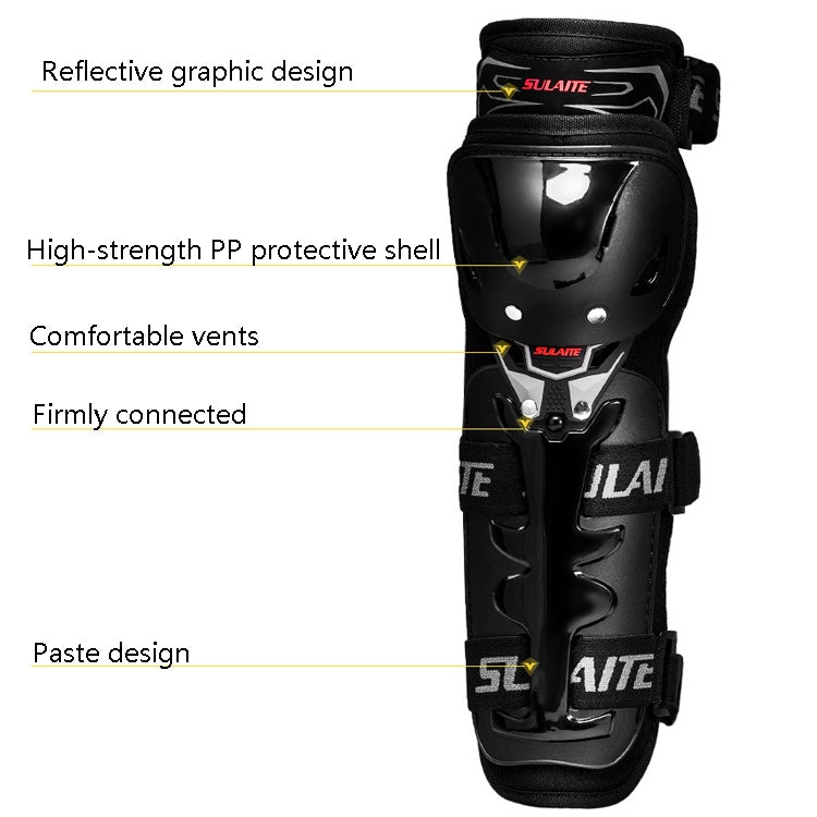 Motorcycle knee pad with reflective design, black protective shell and comfort straps