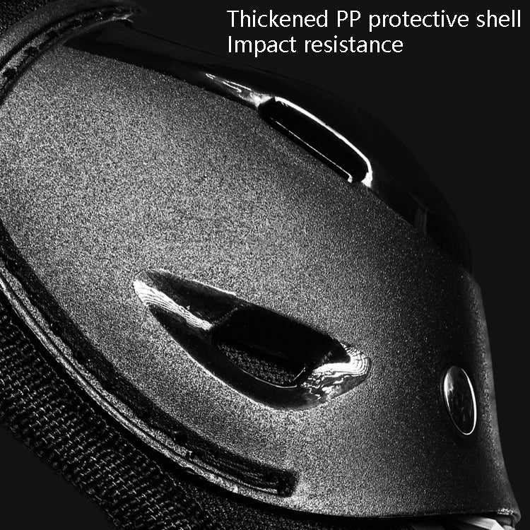 Motorcycle knee pad shell close-up, textured black impact-resistant surface