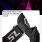 Motorcycle knee pad strap close-up with adjustable elastic band and protective shell