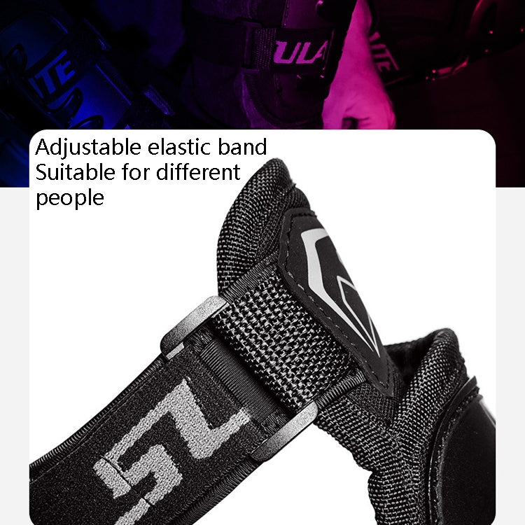 Motorcycle knee pad strap close-up with adjustable elastic band and protective shell