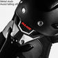 Motorcycle knee pad plate close-up with metal studs and black protective shell