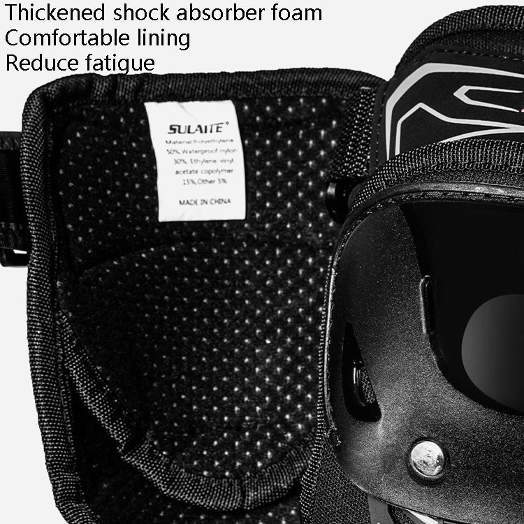 Motorcycle knee pad interior close-up, black mesh lining with shock-absorbing padding