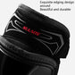 Motorcycle knee pad top edge close-up, black padded strap with durable stitched trim