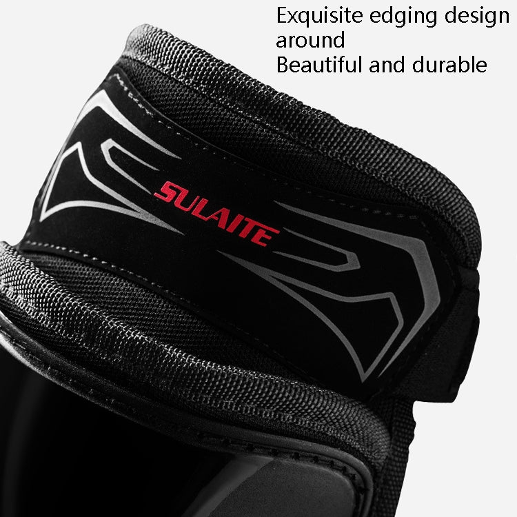 Motorcycle knee pad top edge close-up, black padded strap with durable stitched trim