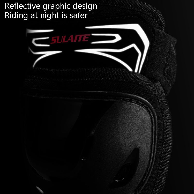 Black motorcycle knee pad with reflective logo on top strap and hard protective shell