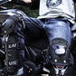 Black motorcycle knee pads with hard shell and adjustable fastening straps