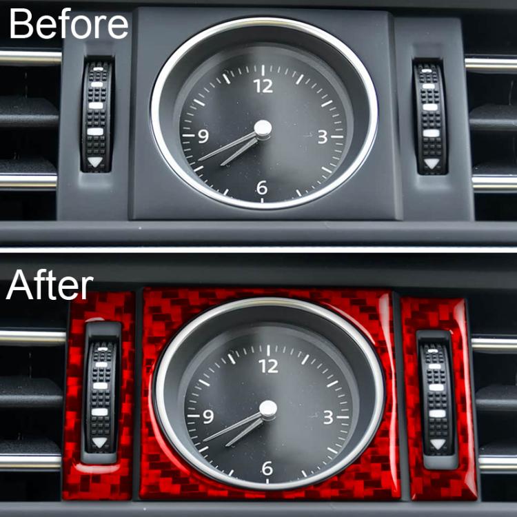 Red carbon-fiber clock panel sticker set with round ring and side vent strips, 3 pcs
