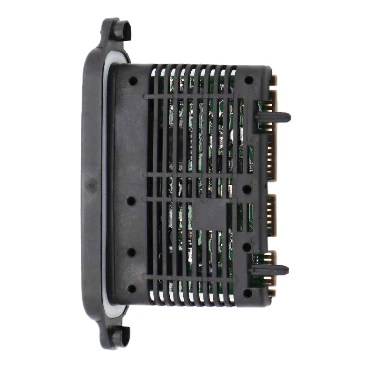 LED headlight driver module, side view with connector pins on black frame