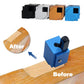 Hinge mortising chisel tool in black, silver, golden, and blue with before/after inset