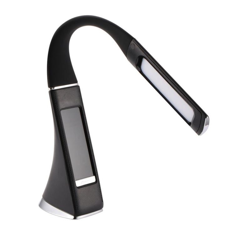 Black LED desk lamp with curved gooseneck and long rectangular light panel