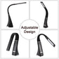 Black LED desk lamp with adjustable arched arm and base, shown from multiple angles