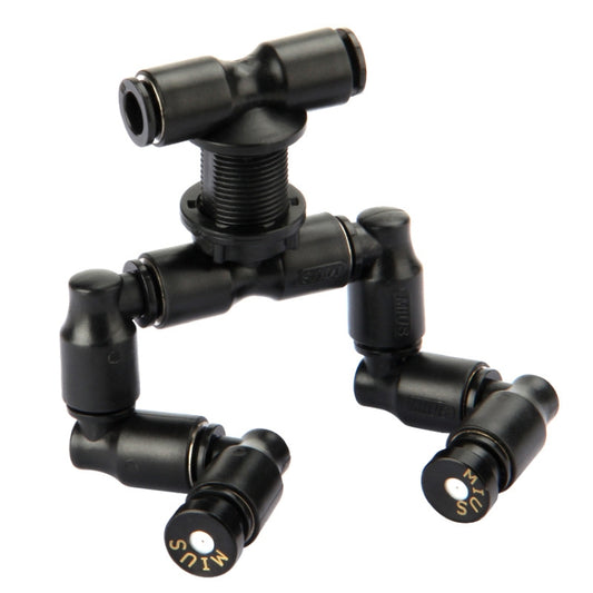 Black double-head spray nozzle with threaded connections and adjustable outlets