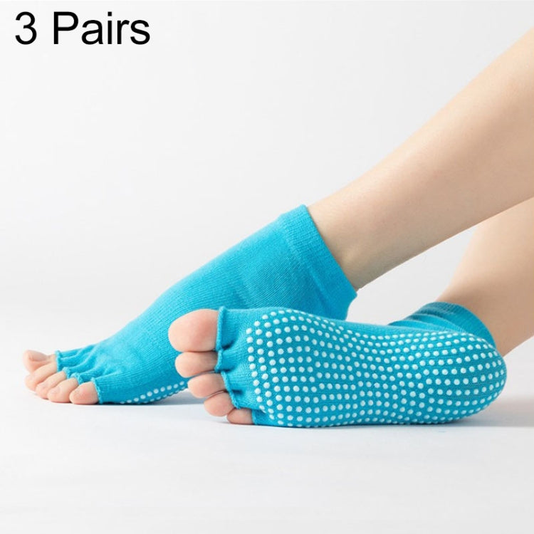 Sky blue open-toe five-finger yoga socks with dotted grip sole, 3 pairs