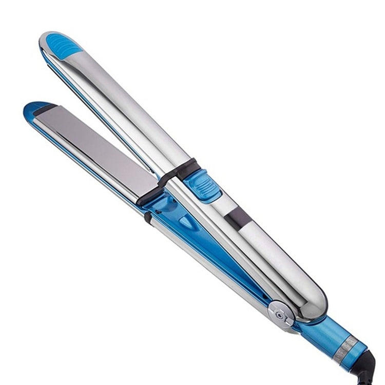 2-in-1 hair straightener and curler in blue and silver, dual heating plates