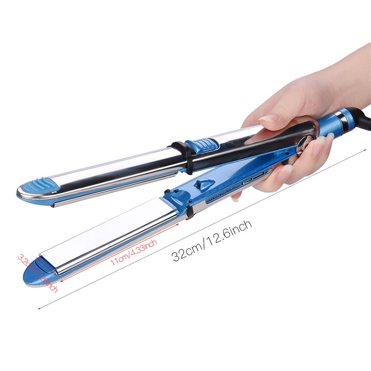 2-in-1 hair straightener and curler with dual plates, shown open in hand